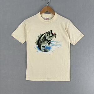 Vintage Bass Shirt Mens Medium White Fishing Graphic Tee Belton Made USA